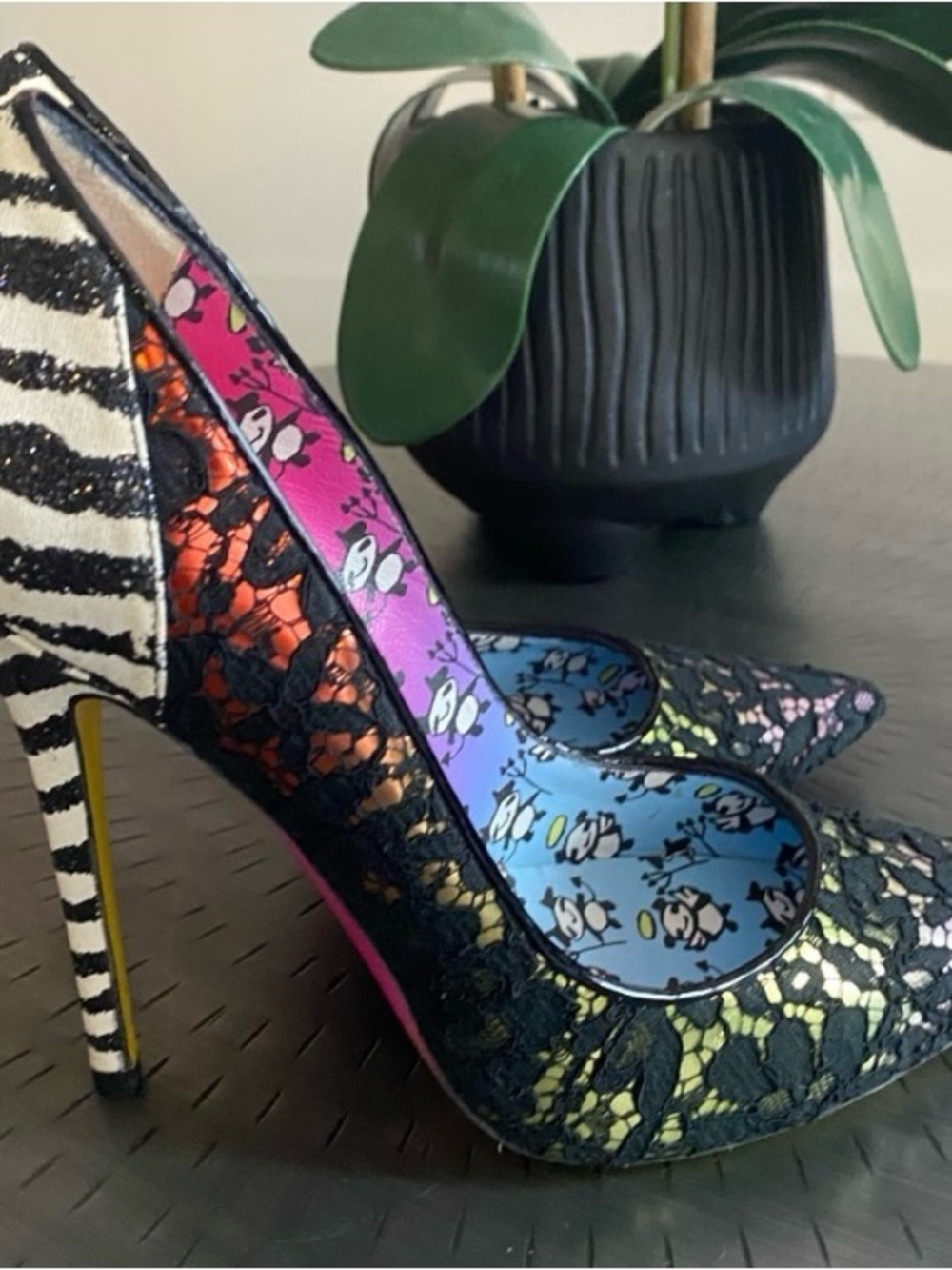 Jimmy Choo Multicolor Lace Pointed-Toe Heels with Zebra Heel